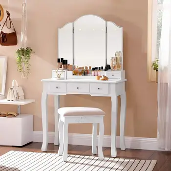 Белый туалетный столик с трехстворчатым зеркалом, столик для макияжа с 5 выдвижными ящиками и 1 съемным ящиком для хранения, мягкий табурет