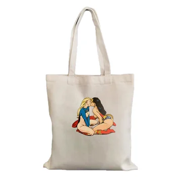 Сумка для покупок в стиле харадзюку с принтом целующейся лесбиянки, холщовая сумка для покупок, сумка через плечо, Многоразовая женская холщовая сумка для покупок