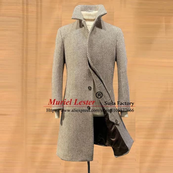 Сшитый на заказ мужской пиджак, коричневое однобортное пальто в елочку, длинное пальто из твидовой шерсти, плотная деловая верхняя одежда, блейзер