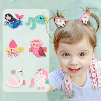 6 комплектов детских заколок для волос с изображением Совы и Лебедя с блестками для девочек, милая принцесса-Русалка, детские заколки для волос, Заколки, Аксессуары