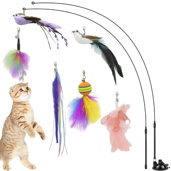 Игрушки из кошачьих перьев Забавная сменная птичка из перьев с колокольчиком Интерактивная игрушка для кошек Мощная присоска Интерактивная игрушка-палочка для котенка