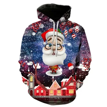 Рождественский костюм для взрослых Унисекс, толстовка с 3D принтом Санта-Клауса, пуловер большого размера, Модная толстовка с капюшоном, карман, необычное пальто для мужчин и женщин