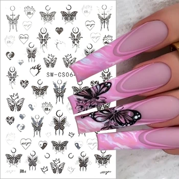 Полые наклейки для ногтей с бабочками, Щепка, Черная Луна, сердце, 3D наклейка, Маникюр, Голографический Бронзовый Слайдер, Декоративные наклейки