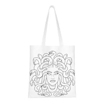 Многоразовая сумка Medusa Line Art + для покупок, Женская холщовая сумка через плечо, Портативные сумки для покупок с продуктами,