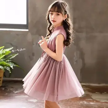 Летнее платье для девочек без рукавов, однотонное платье для маленькой девочки, летнее платье принцессы в западном стиле, детская летняя сетчатая юбка Tide