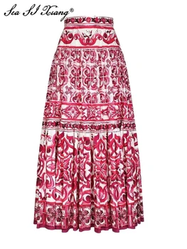 Модные дизайнерские летние юбки из 100% хлопка с высокой талией и цветочным принтом, винтажные длинные юбки