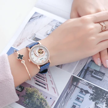 Новые часы, женские Модные часы с бриллиантами, 2023 Автоматические Механические Часы со скелетом из розового золота, кожаный ремешок, Элегантные Женские наручные часы