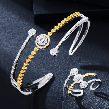 GODKI Модный смешанный набор из 2шт 3 рядов браслетов и колец для женщин, наборы свадебных украшений из циркония в Дубае, БОХО