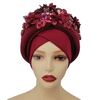 красивая женская повязка на голову африканский головной убор нигерийский головной убор геле с бисером и камнями швейная ткань для вечеринки 1 комплект
