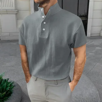 Летняя мужская футболка, однотонная деловая мода, воротник-стойка, футболки с коротким рукавом, уличная одежда, футболка оверсайз, мужская одежда