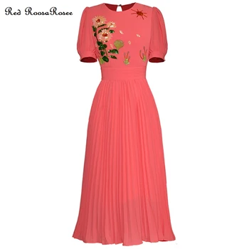 Красное вечернее платье с круглым вырезом и цветочной вышивкой с пайетками RoosaRosee, короткий рукав, 2023, Весенне-летнее женское платье Vestidos Robe Femme
