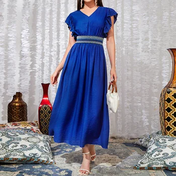Элегантное вечернее шифоновое платье королевского синего цвета с V-образным вырезом и пышными рукавами, однотонное женское платье на весну-лето, модное платье с высокой талией 2023 г.