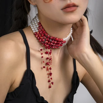 Жемчужное ожерелье Salircon с кровавым узором на Хэллоуин, Модное многослойное Короткое ожерелье из искусственного жемчуга, подарок для готической вечеринки