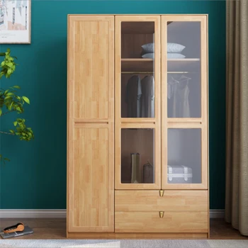Стеклянная дверь, шкаф из массива дерева, домашняя спальня, современный и простой деревянный шкаф, небольшой бытовой шкаф, прочный и новый