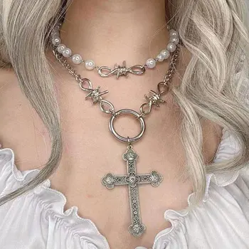Модное хип-хоп ретро жемчужное ожерелье Y2K цепочка на ключицу с христианским крестом женская милая подвеска в стиле панк для мужчин и женщин подарки