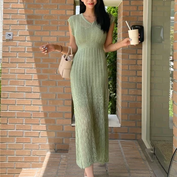 Летнее Высококачественное Корейское модное Повседневное Открытое Вязаное платье-свитер Женское Винтажное Женское платье
