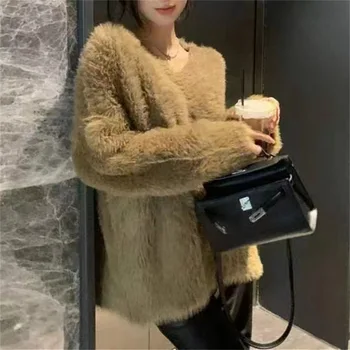 Осенне-зимний женский свитер корейской версии, новый бархатный пуловер с имитацией норки, свободная трикотажная рубашка с V-образным вырезом