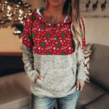 Свитшоты с рождественской вышивкой, женские осенние толстовки с рождественской печатью, толстовки с длинными рукавами и карманом, повседневный свободный пуловер большого размера.
