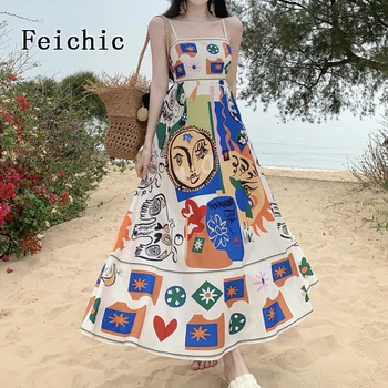 Модное дизайнерское платье Feichic 2023, летнее женское платье на бретельках с принтом в стиле бохо, пляжный отдых, Длинные каникулы, повседневная женская одежда Z