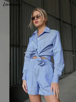 Женская рубашка в синюю полоску, комплект из двух предметов, однобортная рубашка с длинными рукавами и шорты, костюмы, женская свободная повседневная одежда для поездок на работу