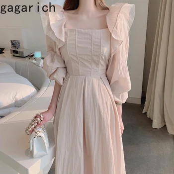 Gagarich Sweet Dress Lady 2023, Шикарное Корейское платье в корейском стиле, весна-лето, Винтажные нишевые длинные платья с сетчатыми вставками с квадратным вырезом и рюшами
