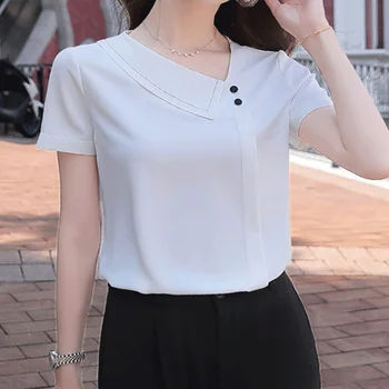 Летняя новинка 2023 года, однотонная корейская версия, полуоткрытый воротник, сращенные пуговицы, Короткий рукав, свободная блузка в корейском стиле для поездок на работу