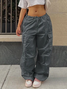 Новые брюки-карго женские Y2k Ретро Уличная мода с высокой талией, широкие Прямые брюки, комбинезон, повседневные тренировочные брюки на завязках
