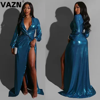 VAZN Solid Blue2020, Весенняя Новинка, Модное, Сексуальное Женское Офисное Облегающее Платье В Пол С Длинным Рукавом, Открытая Рубашка, Уличное Облегающее Платье