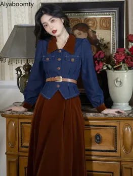 Женский весенне-осенний комплект из 2 предметов, джинсовая блузка с отложным воротником и поясом + коричневая юбка Velevt, элегантные женственные наряды