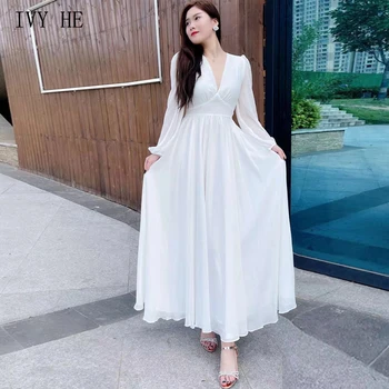 IVY HE Элегантные белые женские вечерние платья 2023 Модное Французское новое сексуальное платье с V-образным вырезом и высокой талией, роскошное длинное платье в британском стиле ZA