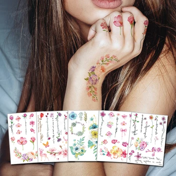Временные татуировки с цветочным растением, водонепроницаемые наклейки для девочек, женская мода, боди-арт, поддельные татуировки, Акварельный перевод