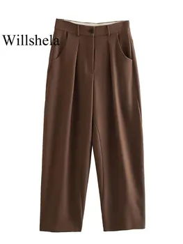 Willshela Женская мода с пуговицами, коричневые Однотонные брюки на молнии спереди, винтажные женские шикарные брюки полной длины со средней талией