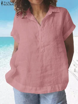 Женская Летняя Повседневная блузка ZANZEA, Элегантная рубашка с коротким рукавом и отворотом, Свободная Хлопчатобумажная Туника, Топы, Женские рабочие блузки 2023