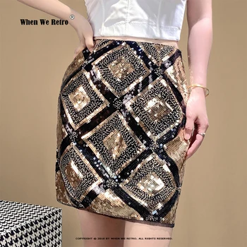 Женская элегантная Короткая юбка цвета: Золотистый, Серебристый, Геометрический, расшитый бисером, блестками, юбки-карандаш, Винтажные женские блестящие Клубные юбки для вечеринок RS062