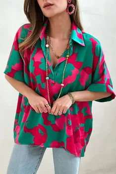 Зеленая блузка с цветастым принтом и V-образным вырезом, женские повседневные мягкие топы, футболки, женские топы harajuku mujer