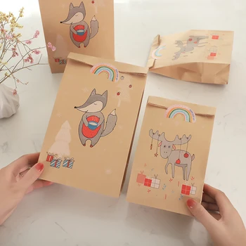 10 комплектов пакетов из крафт-бумаги с изображением Лисы, северного оленя, Лося, подарочная сумка для вечеринки, сумка для конфет с наклейкой Rainbow Seal