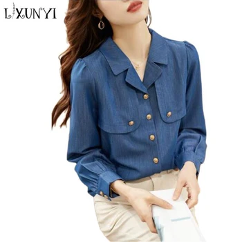 Женские элегантные блузки LXUNYI, Корейская джинсовая рубашка Dongdaemun 2023, Весенняя рубашка с длинным рукавом, рубашка с золотыми пуговицами, Формальные повседневные джинсовые рубашки