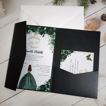 50 черных блестящих приглашений на свадьбу с персонализированной печатью RSVP и вставными карточками в виде конверта, сложенными в три раза, для свадебной вечеринки