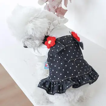 Симпатичная джинсовая юбка для домашних животных, моющаяся одежда для домашних животных, летящие рукава, весенне-летнее элегантное платье с цветочным узором для собак
