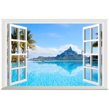 Поддельные 3D наклейки на окна с видом на море, Пальмы, Виниловая роспись на стене, домашний декор, Зеленый остров, пейзаж с чистой водой, обои 60 * 40 см