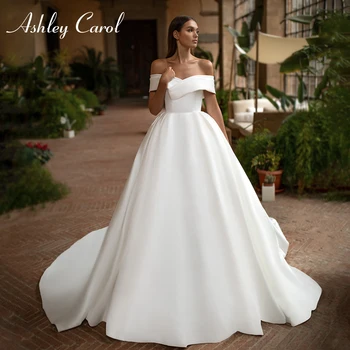 Свадебное платье из атласа Ashley Carol 2022, Гламурное свадебное платье с открытыми плечами, трапециевидное платье принцессы Невесты на молнии, винтажные свадебные платья