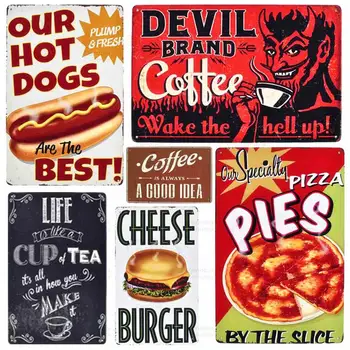 Кофе марки Devil Винтажные металлические тарелки Магазин Кафе Декоративные вывески Наклейки на стену для хот-догов Сырный бургер Металлический плакат Декор