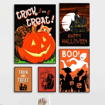Тыквенный трюк, жуткий призрак, оранжевый плакат и принт, винтажные рисунки на стене страшного дома на Хэллоуин, декор кухни и детской комнаты