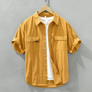 Японская оснастка, рубашка с коротким рукавом, мужская летняя Тонкая хлопчатобумажная свободная трендовая рубашка с двойным карманом, пальто с коротким рукавом, мужская одежда