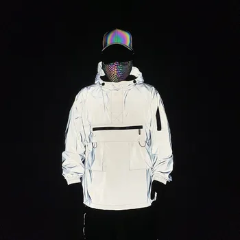 2023 г. Голографическая светоотражающая повседневная куртка-карго, мужской пуловер с капюшоном на молнии, куртка-ветровка