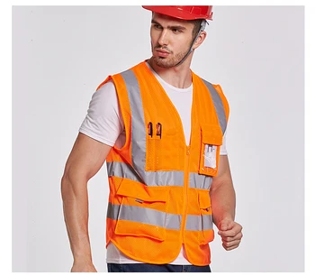Высокая видимость ANSI 107 флуоресцентный оранжевый сетчатый защитный светоотражающий жилет с карманами с печатью логотипа компании бесплатная доставка