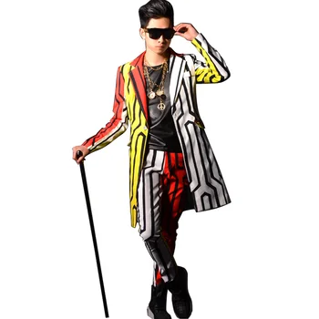 Длинный приталенный костюм с мужским принтом, Блейзер, пальто, брюки, Модные сценические костюмы в стиле хип-хоп, повседневный костюм, куртка, брюки, мужская одежда
