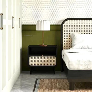 Скандинавская деревянная прикроватная тумбочка для мебели спальни, Минималистичная креативная тумбочка из ротанга, простой шкаф для хранения вещей в стиле ретро, прикроватная тумбочка