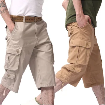 Мужские брюки-карго длинной длины, Летние повседневные хлопковые мешковатые укороченные брюки с множеством карманов, модные бриджи в стиле хип-хоп, армейские шорты в стиле милитари