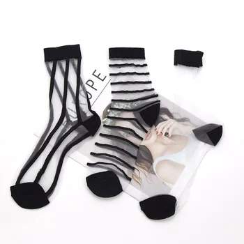 Новые женские Черные Сексуальные Кружевные Носки, Летние Ультратонкие Шелковые носки из прозрачной сетки, хрусталя, Повседневные дышащие носки Harajuku